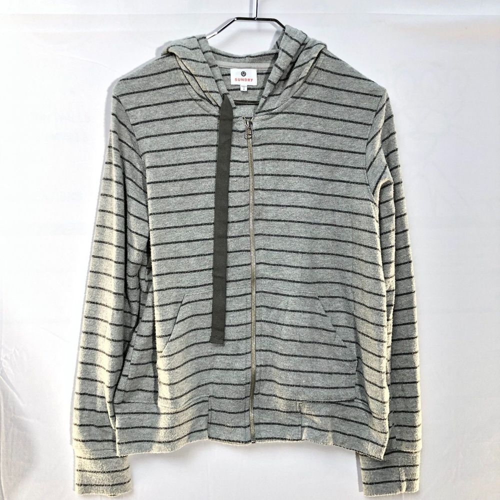 Sundry Gray Stripped Full Zip Hoodie w Kangaroo Pockets Medium - Picture 2 of 9